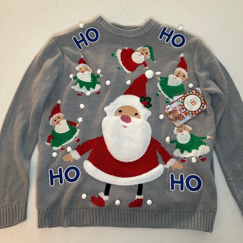 Santa and Elves Light Up Christmas Sweater Gray with Batteries NWT